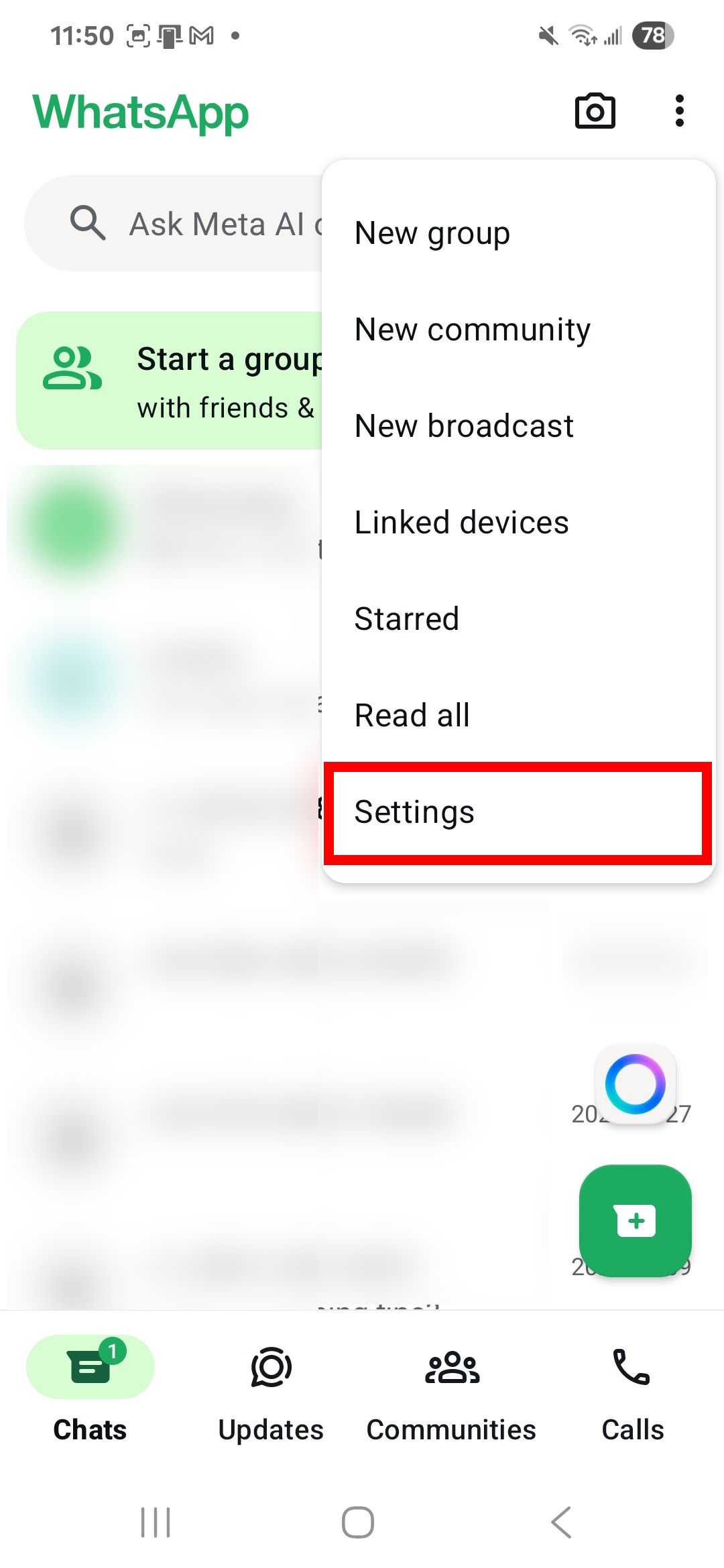 Red rectangle outline highlighting Settings on the WhatsApp app