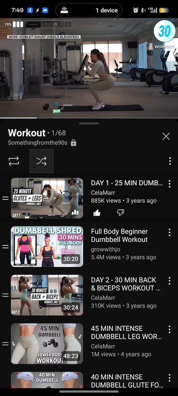 YouTube playlist showing list of different workouts