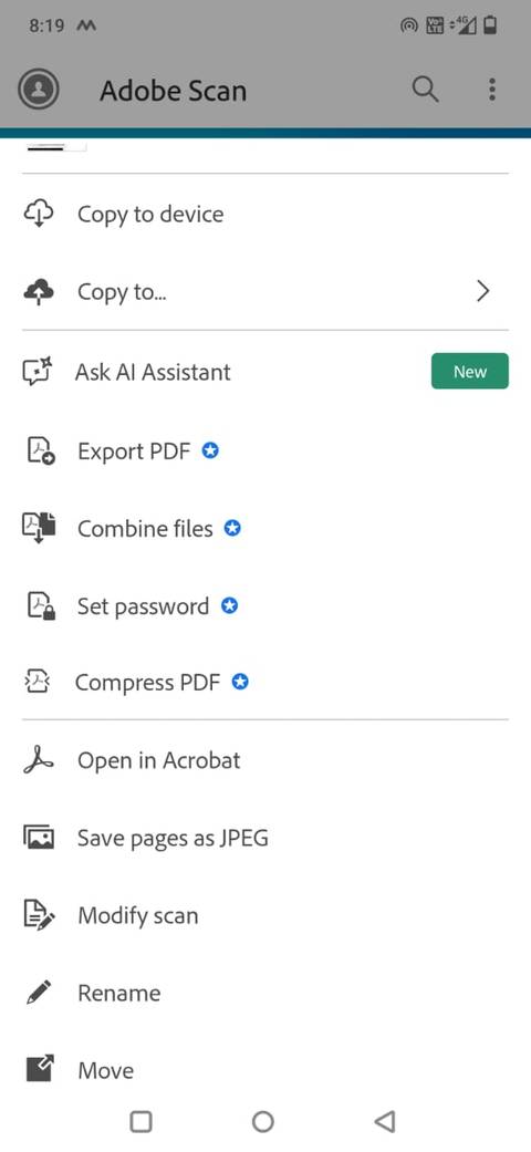 Screenshot of the Adobe Scan app showing the file options