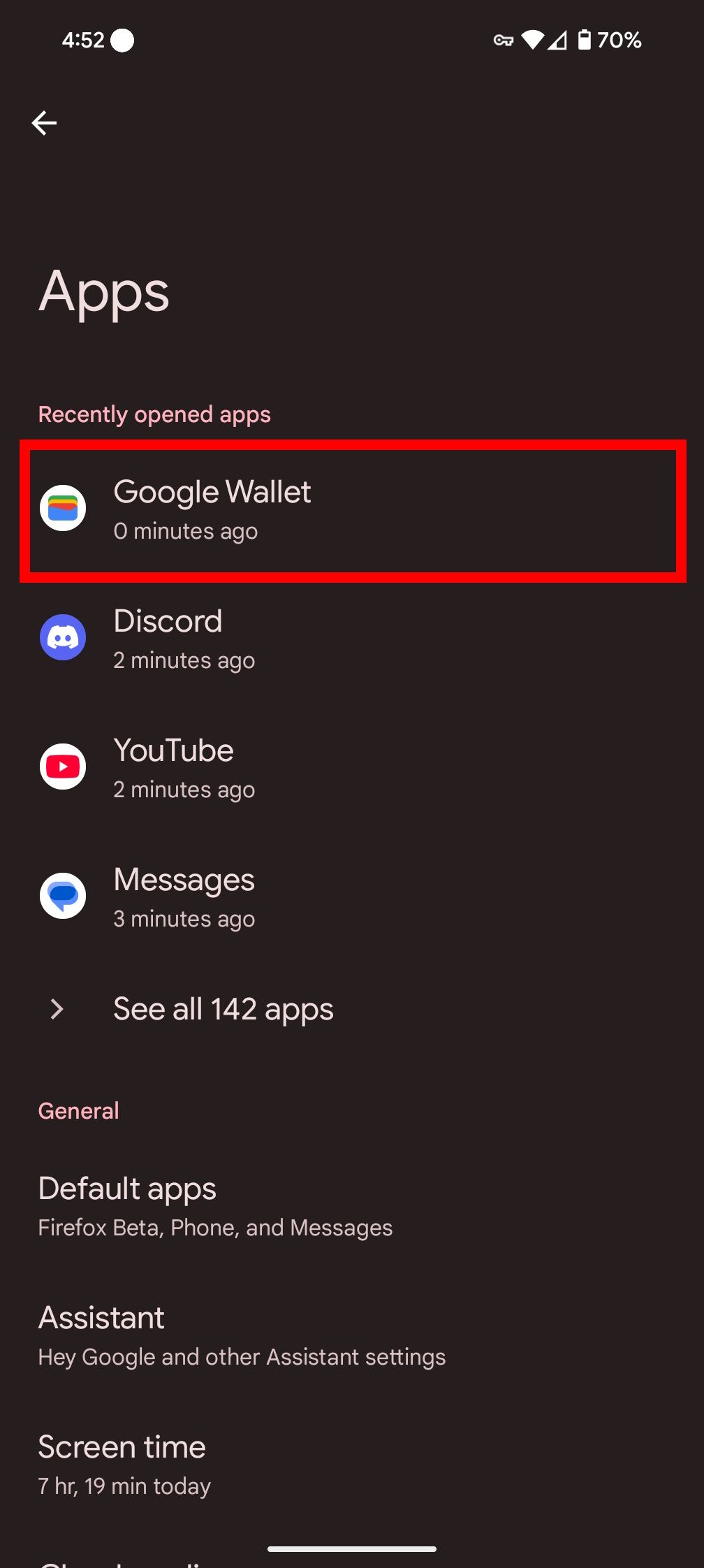 Bajo la aplicación en Android 15, el rectángulo rojo propone resaltar de Google Wallet