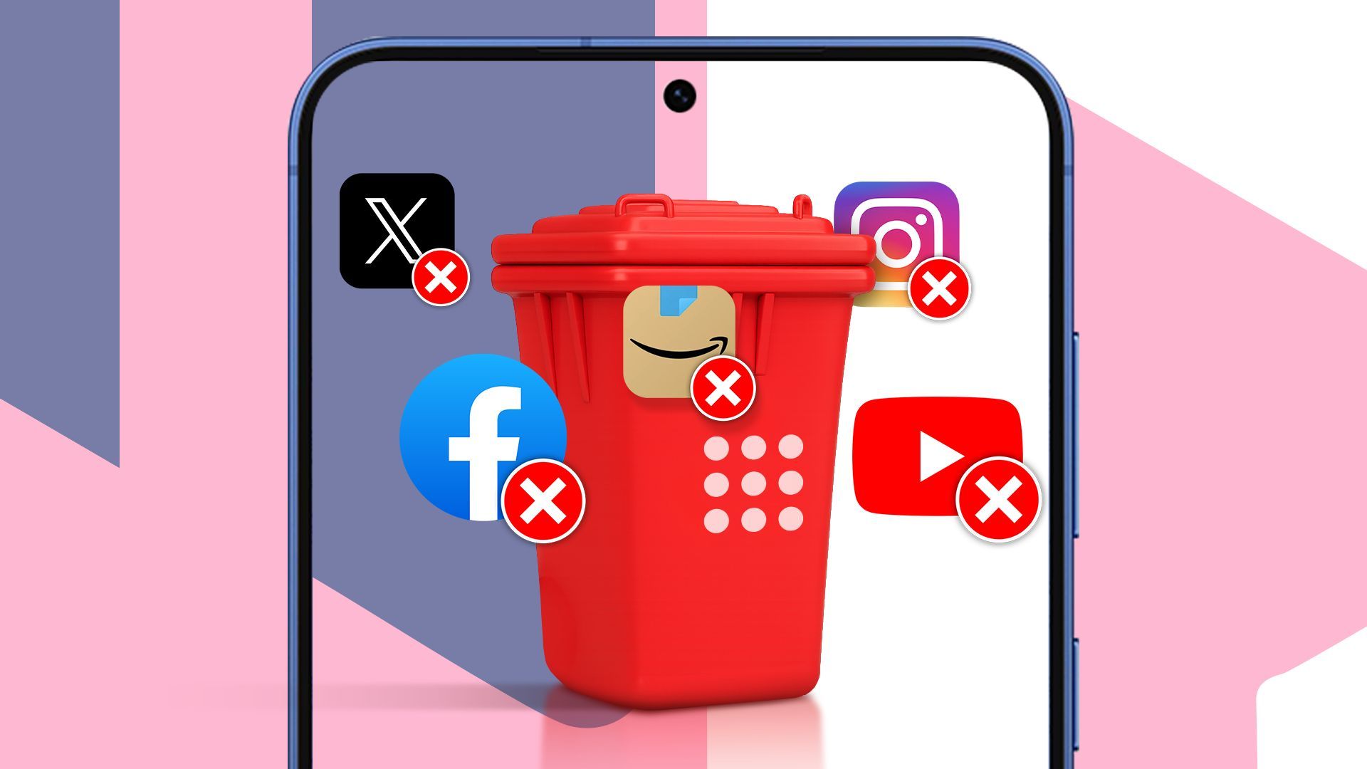 Uma lixeira vermelha em uma tela de smartphone com ícones de aplicativos excluídos, incluindo YouTube, Instagram, Facebook, X e Amazon