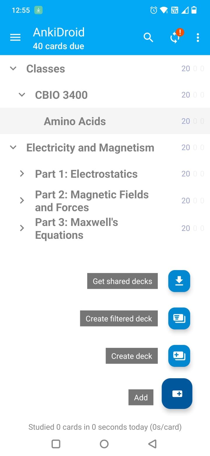 Screenshot of the home page in the AnkiDroid app