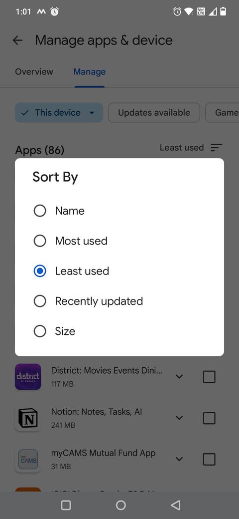 Screenshot showing the sort feature under the Manage apps & device page on the Google Play Store