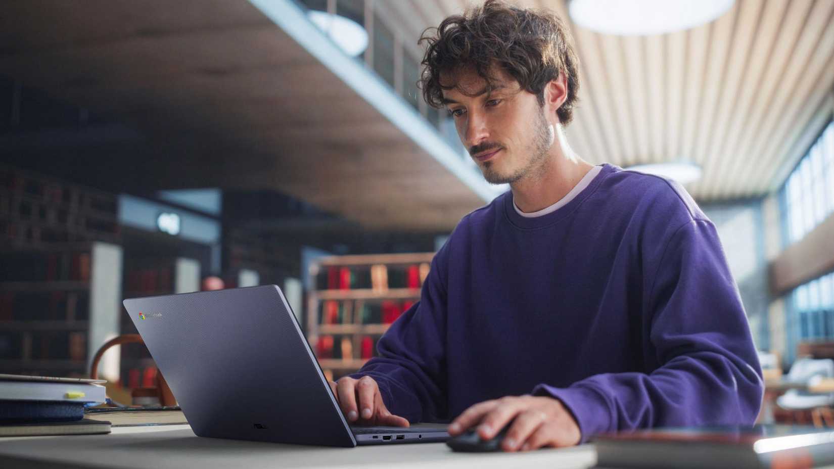 Using the Asus Chromebook CX14 in the library.
