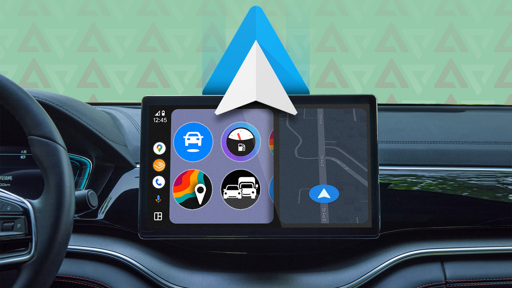 Car dashboard display showing the Android Auto interface with various app icons and a navigation map, overlaid by a large Android Auto logo.