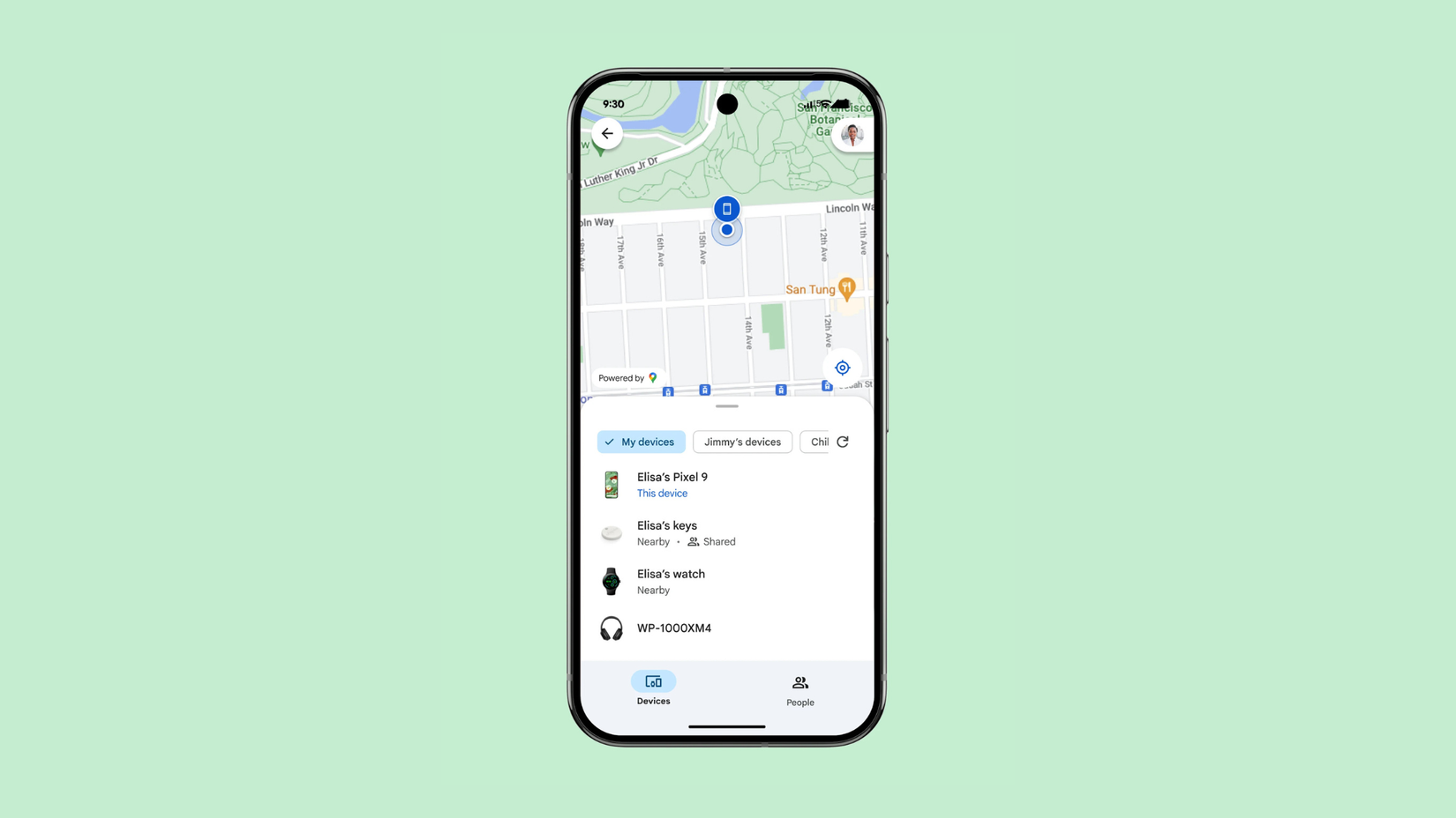 Google Find Hub on green background