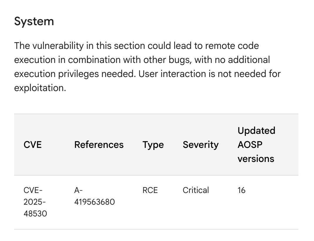 Screenshot showing Google's description of CVE-2025-48530, a critical-severity vulnerability patched in the August 2025 security update.