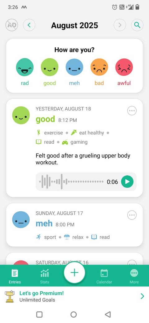 Screenshot of the Daylio app showing the Entries page