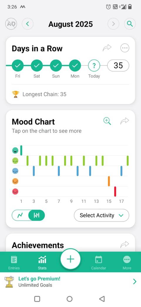 Screenshot of the Daylio app showing the Stats page