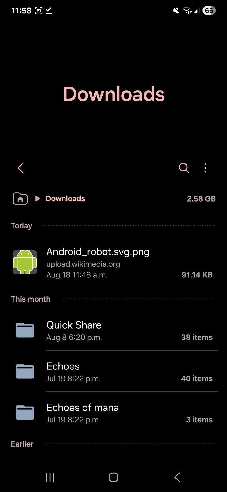 Downloads folder on Android default files app showing a list of downloaded files and folders