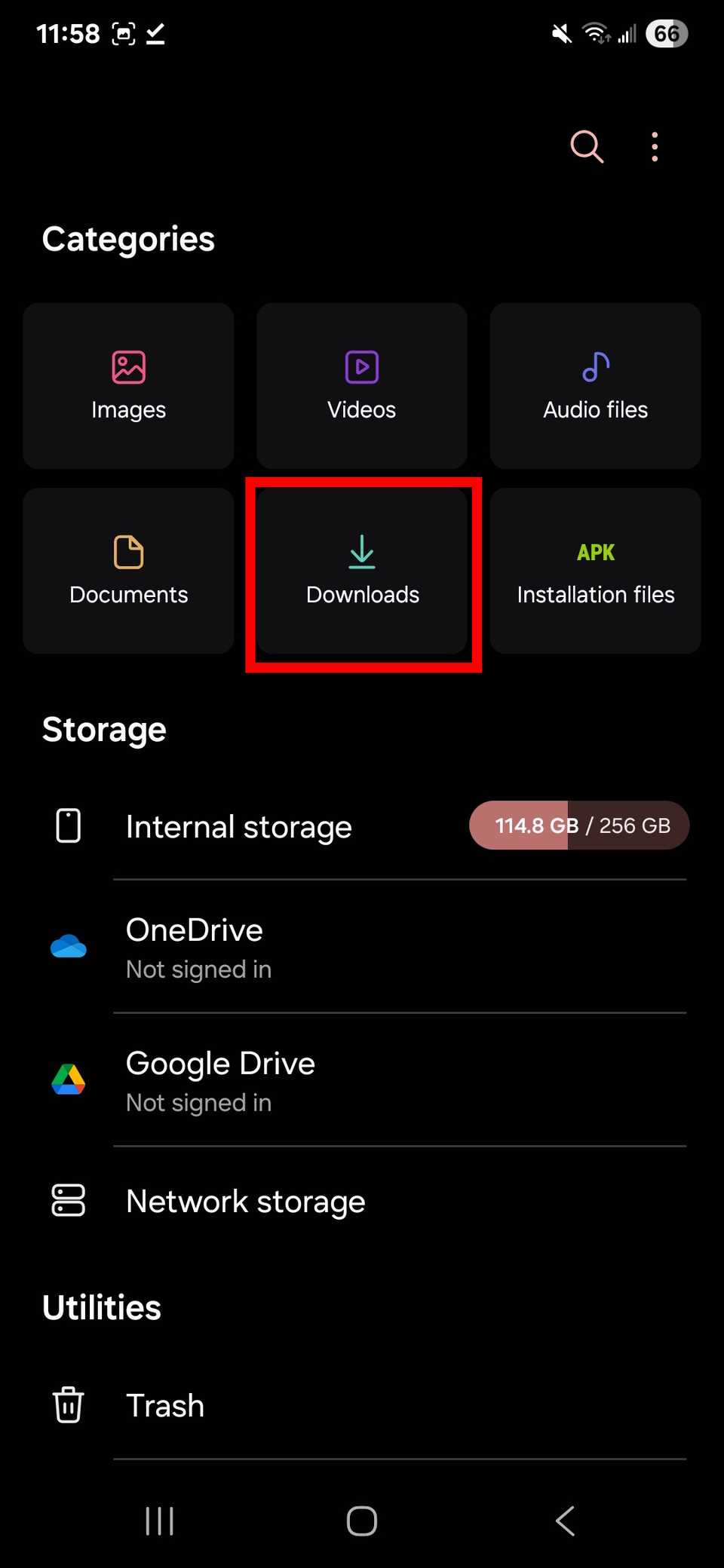 red rectangle outline over Downloads in default Android files app on a Samsung Galaxy