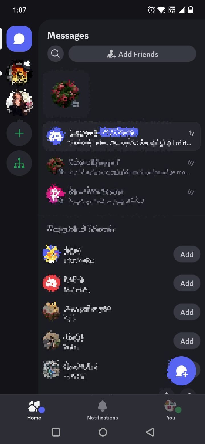Screenshot of the home page in the Discord app