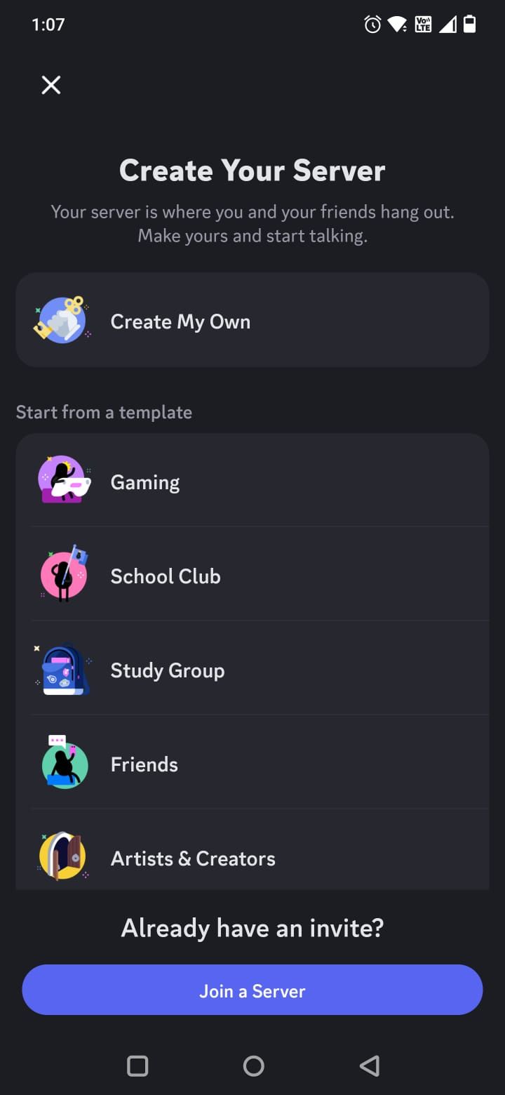 Screenshot of the Create Your Server page in the Discord app