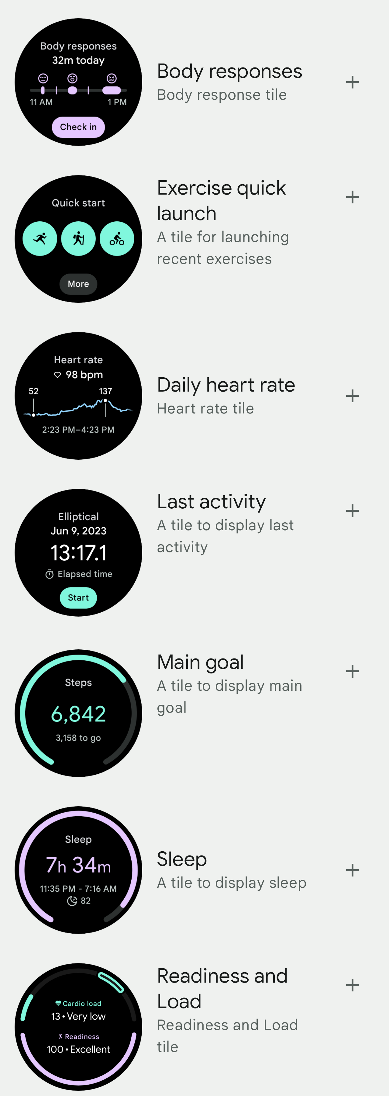 用于显示旧 /外向的Fitbit瓷砖的Android Pixel Watch应用程序的屏幕截图。