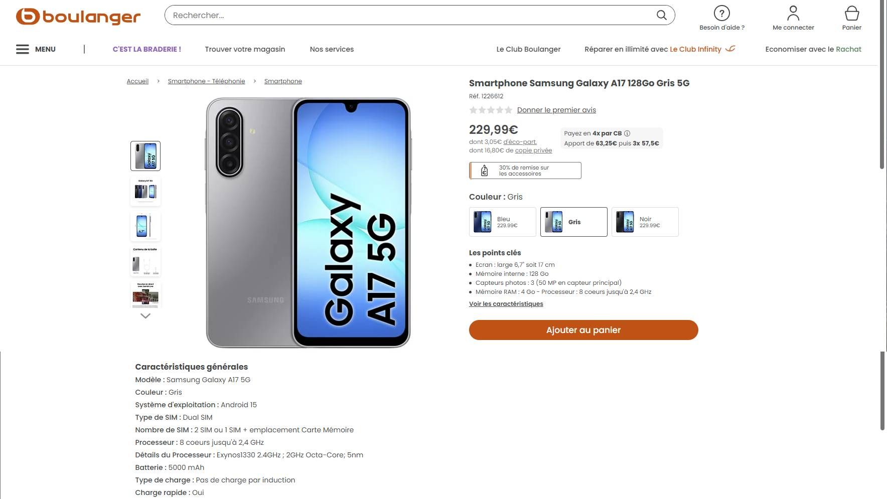 A screenshot of an early Galaxy A17 listing on French retailer Boulanger.
