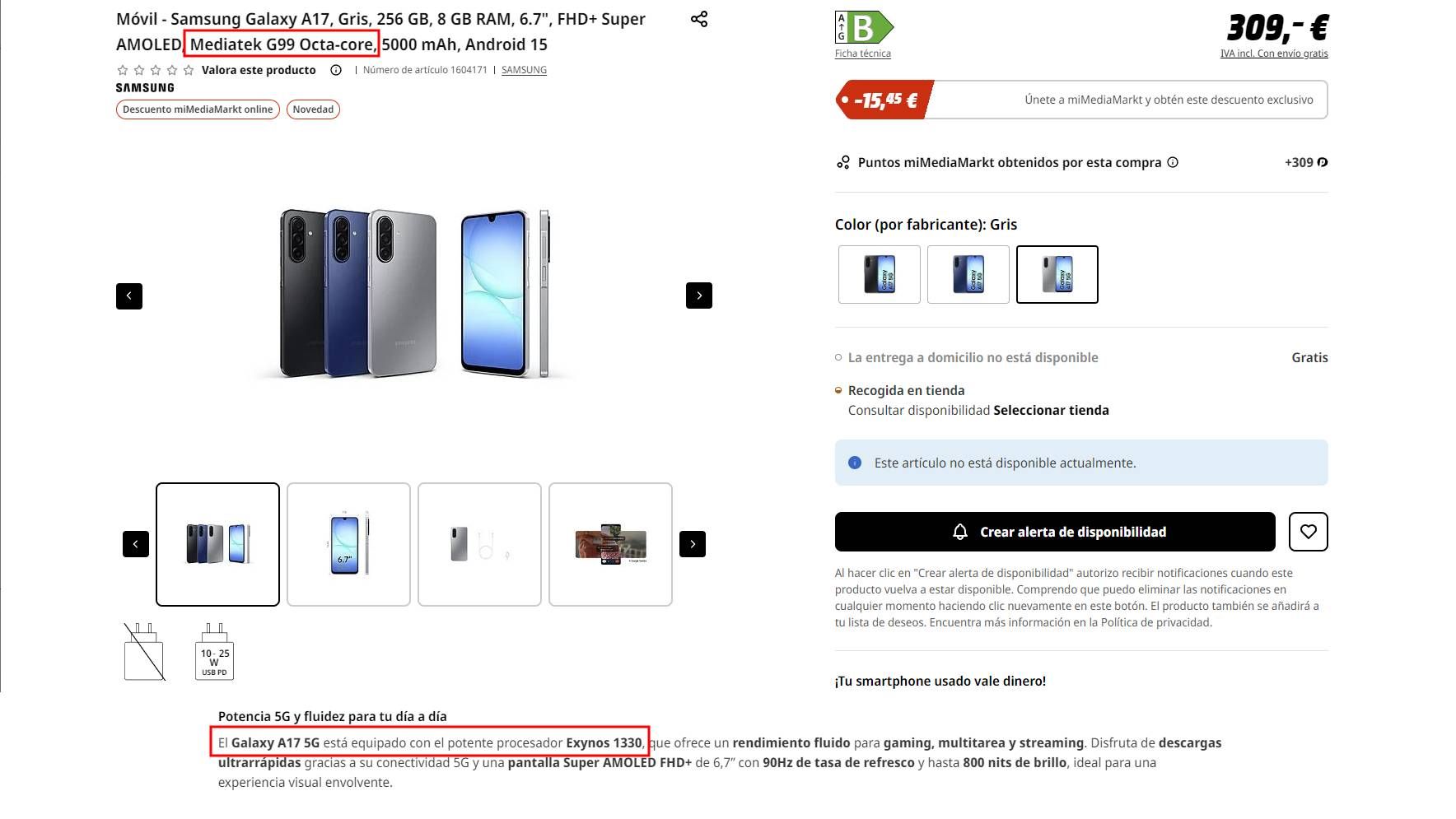 A screenshot of an early listing for a Galaxy A17 on Spanish retailer Mediamarkt, with spec inconsistencies highlighted.