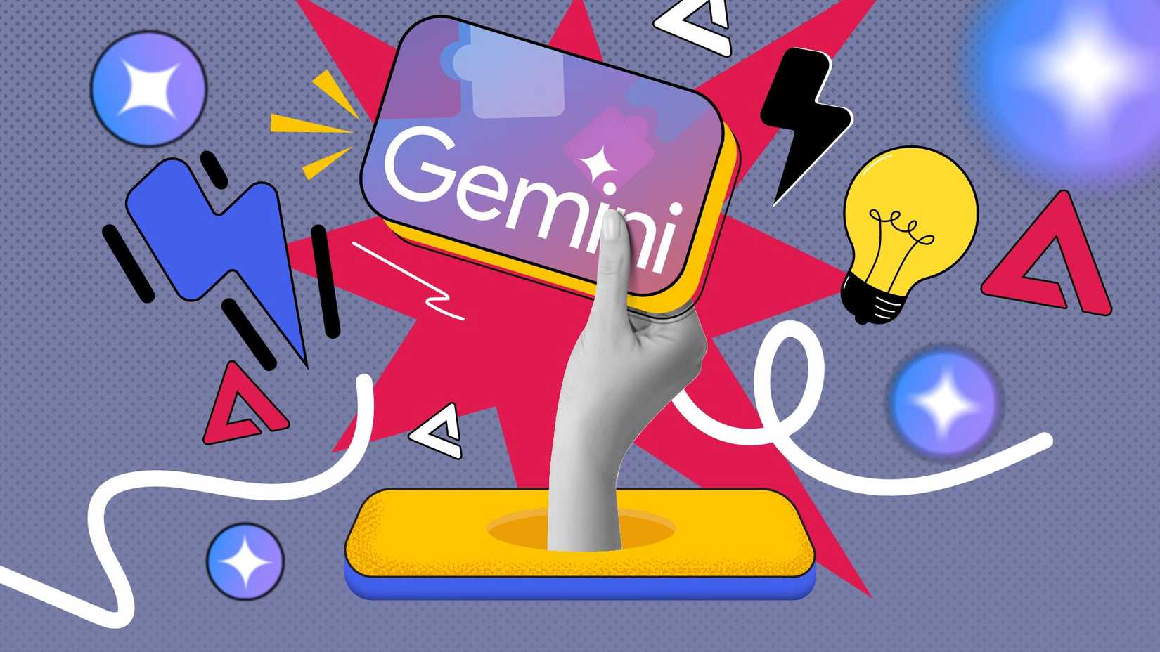 Hand coming out of a phone holding a Gemini card, with icons of lightning, sparkles, and a light bulb around it