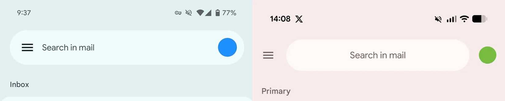 Screenshots highlighting Gmail Android's old and new search bar design.