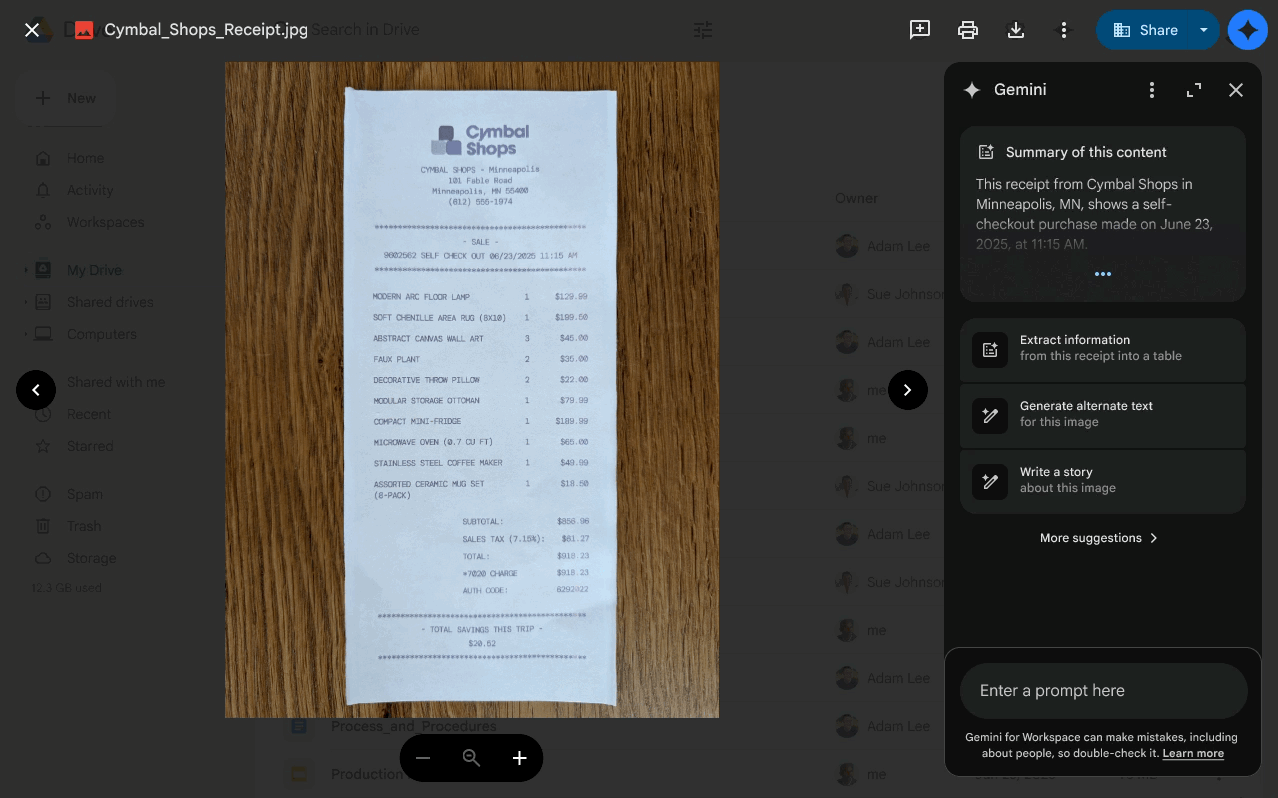 A GIF highlighting Google Drive's Gemini sidebar analyzing an image.