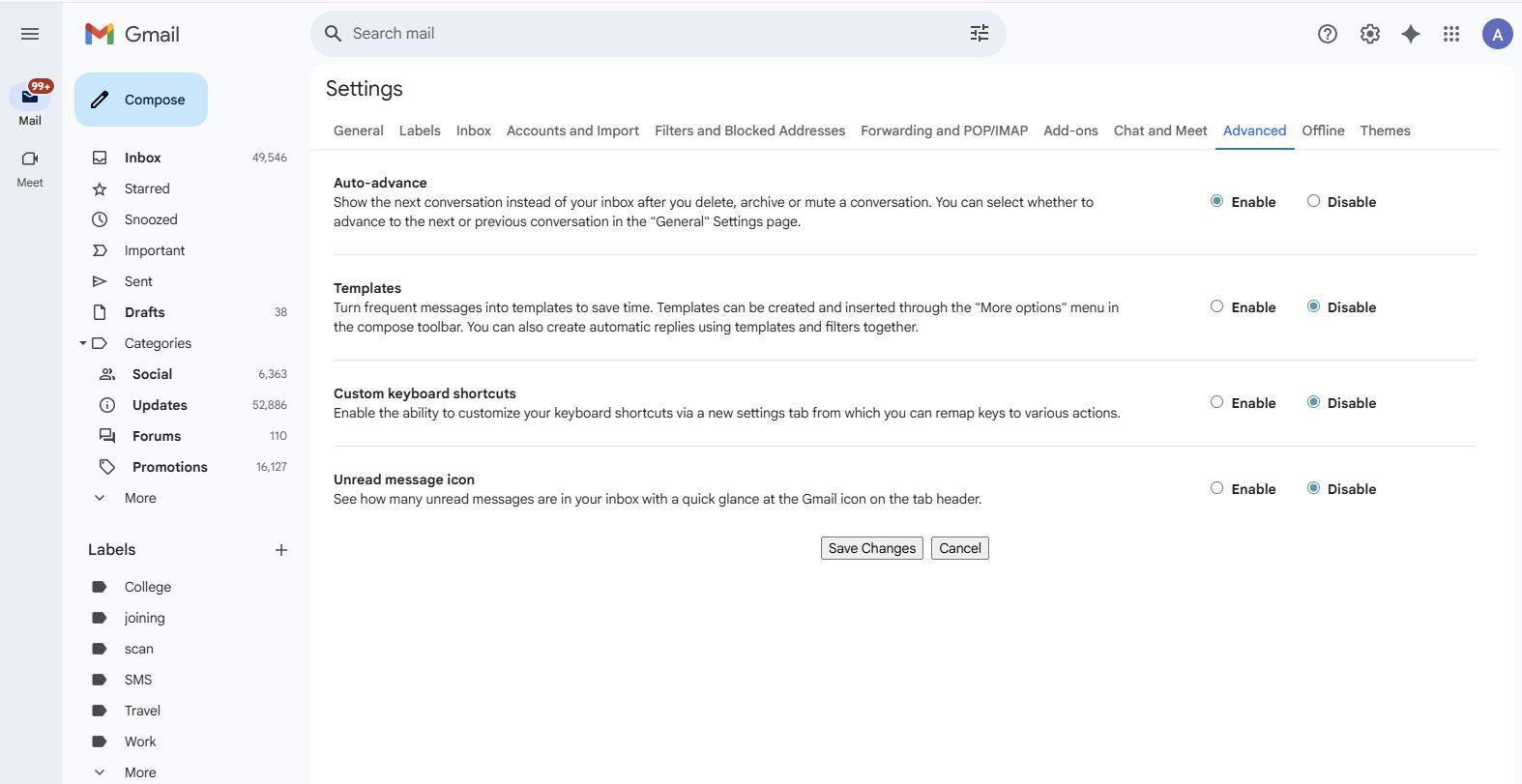 Screenshot showing the Auto-advance option in Gmail