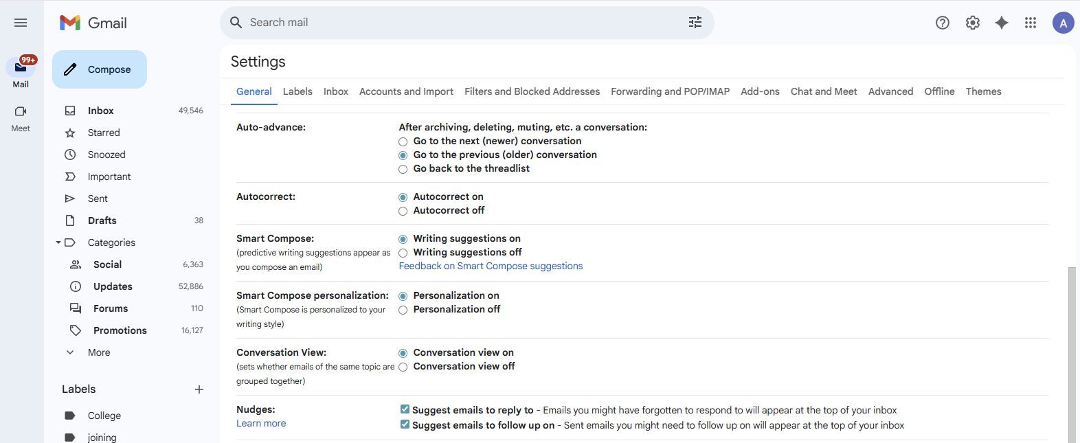 Screenshot showing the Auto-advance option under General settings in Gmail