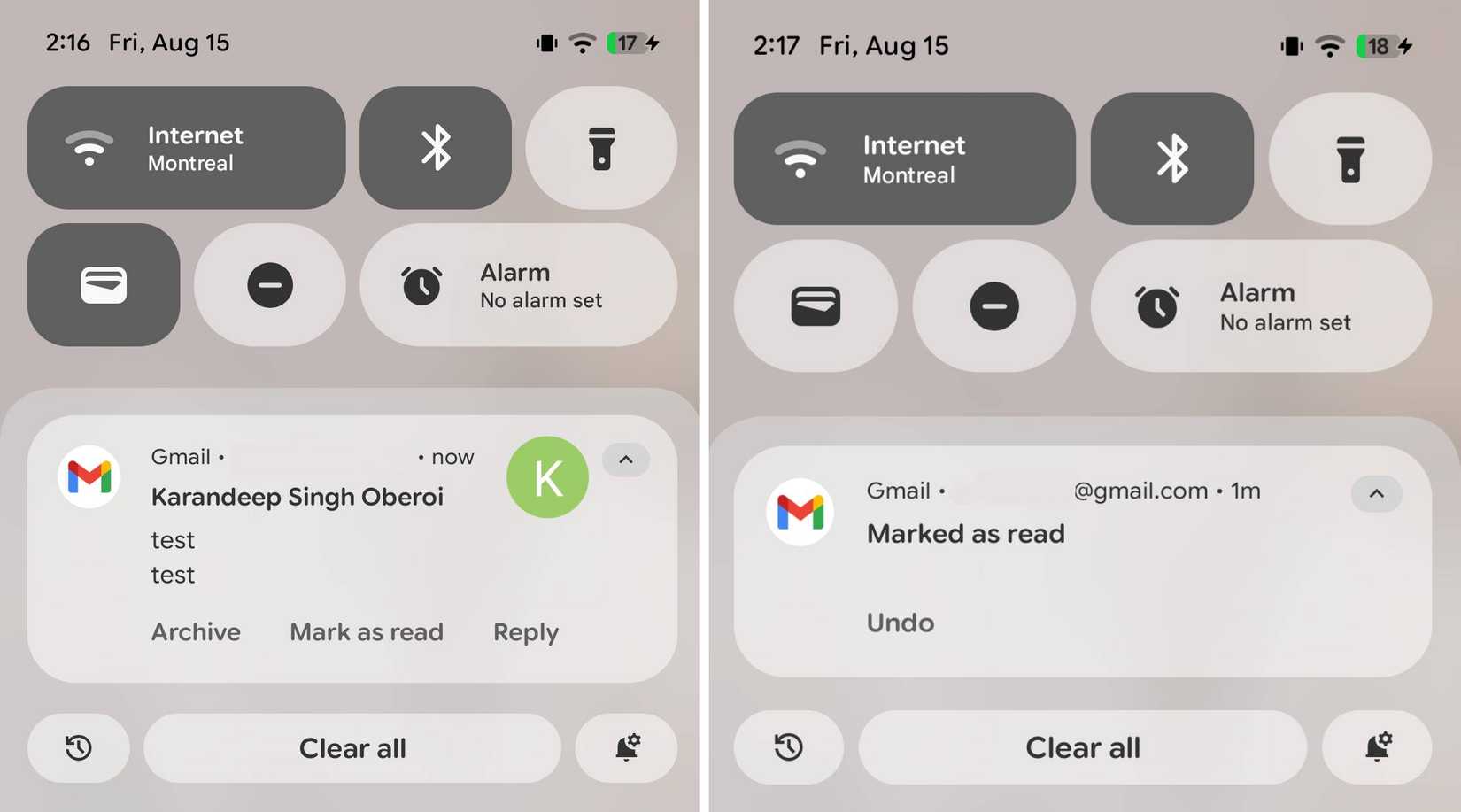 Screenshots highlighting Gmail's new mark as read from notification functionality.