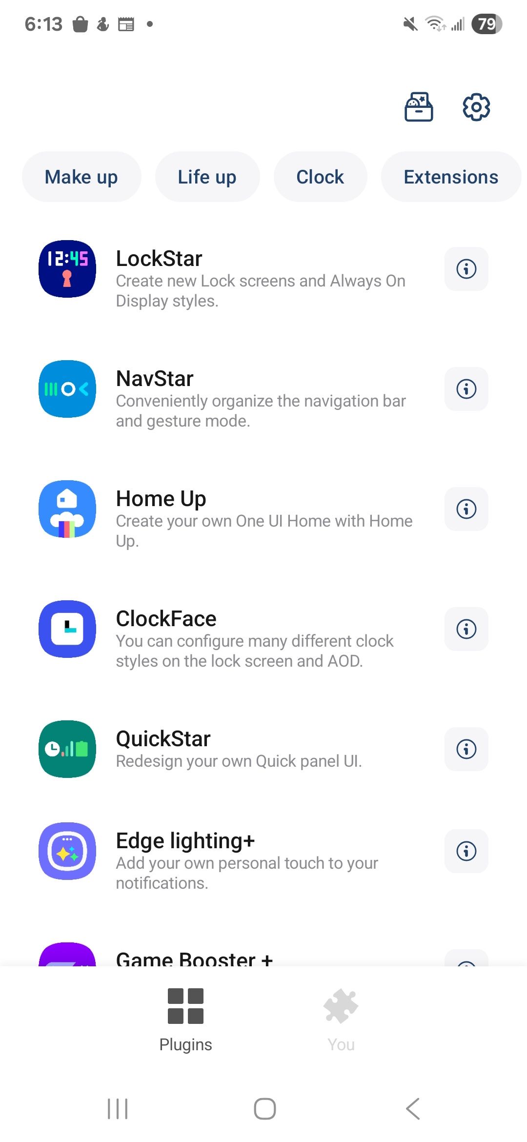 Uma lista de módulos baixados no aplicativo Good Lock
