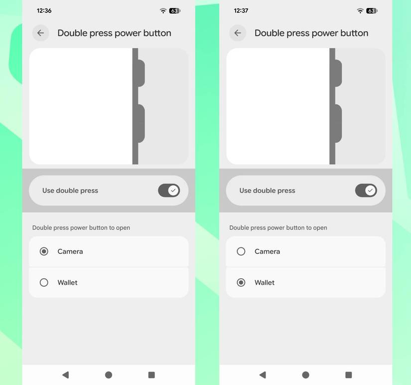 Screenshots highlighting Android 16's double press power button setting on a Pixel 8.