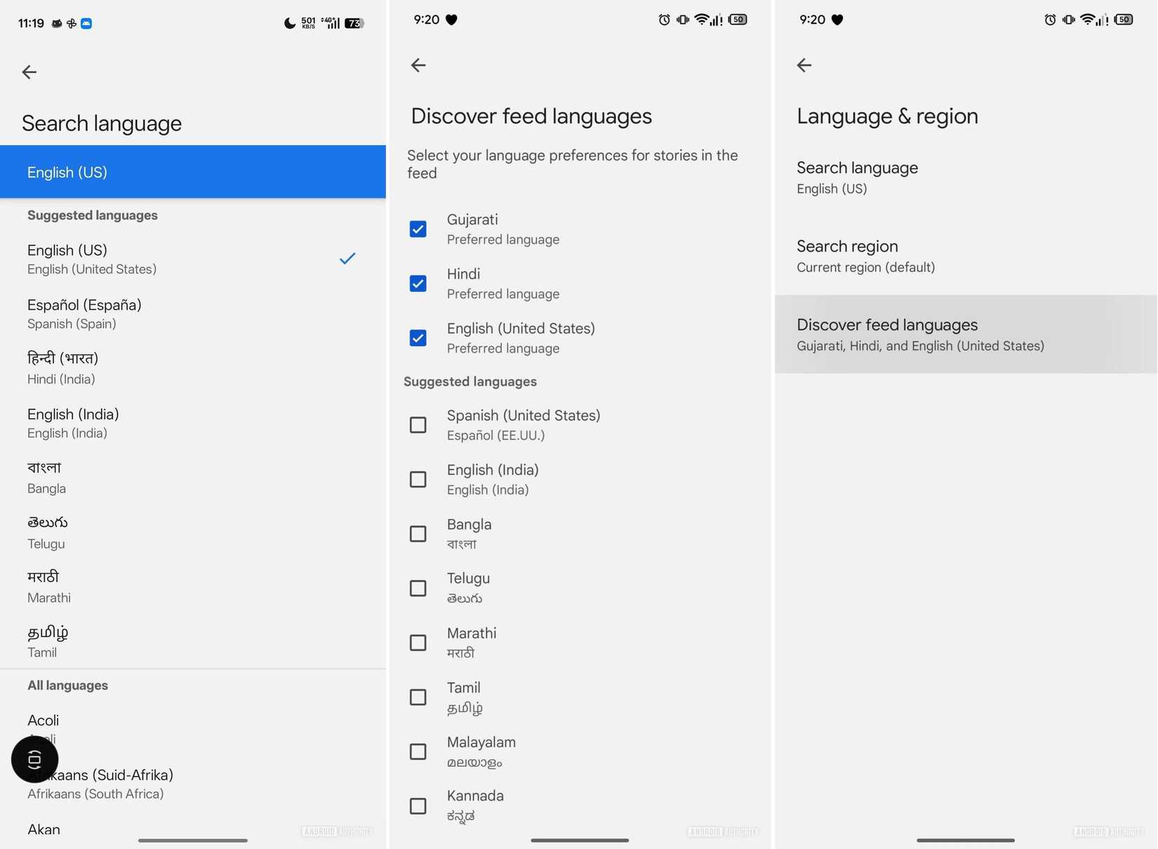 Screenshots highlighting Google Discover's potentially upcoming language selector.
