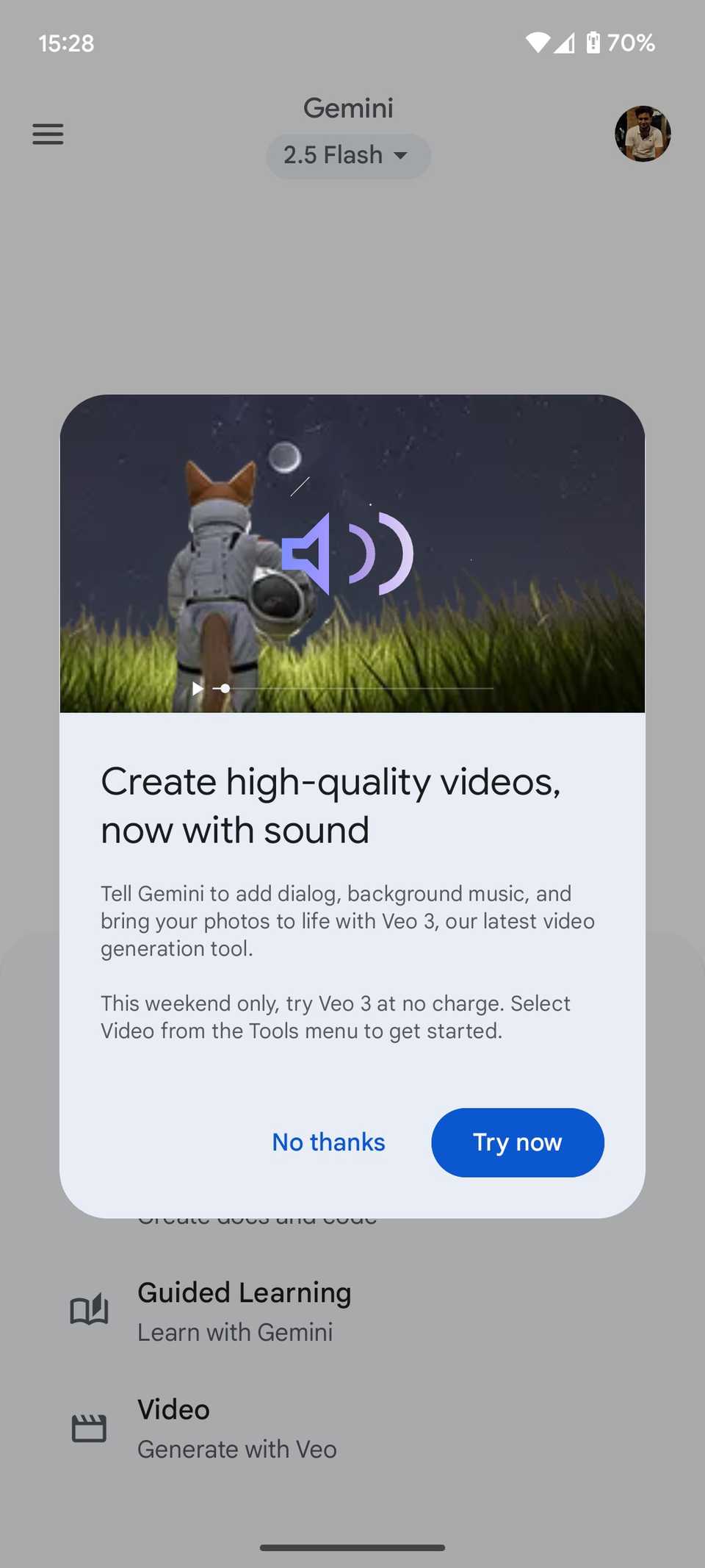 A screenshot of the Google Gemini app for Android showing a prompt detailing Veo 3's capabilities