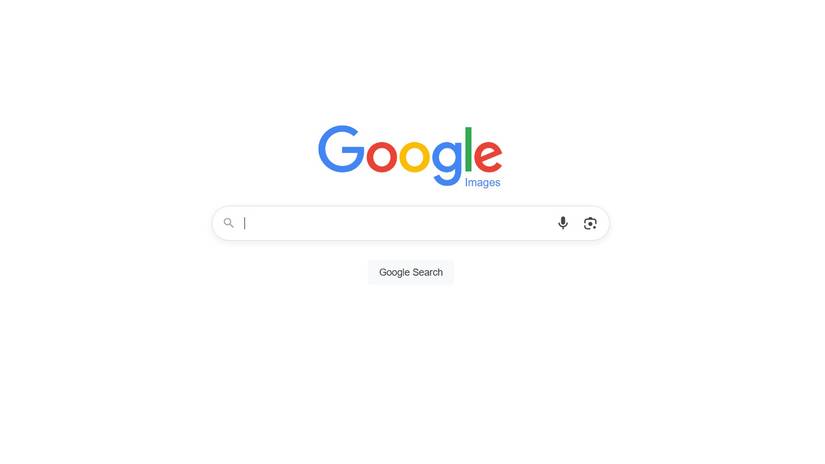Display of Google Chrome desktop web browser showing the Google Images home page with an empty search bar, microphone icon, camera icon and Google Search option