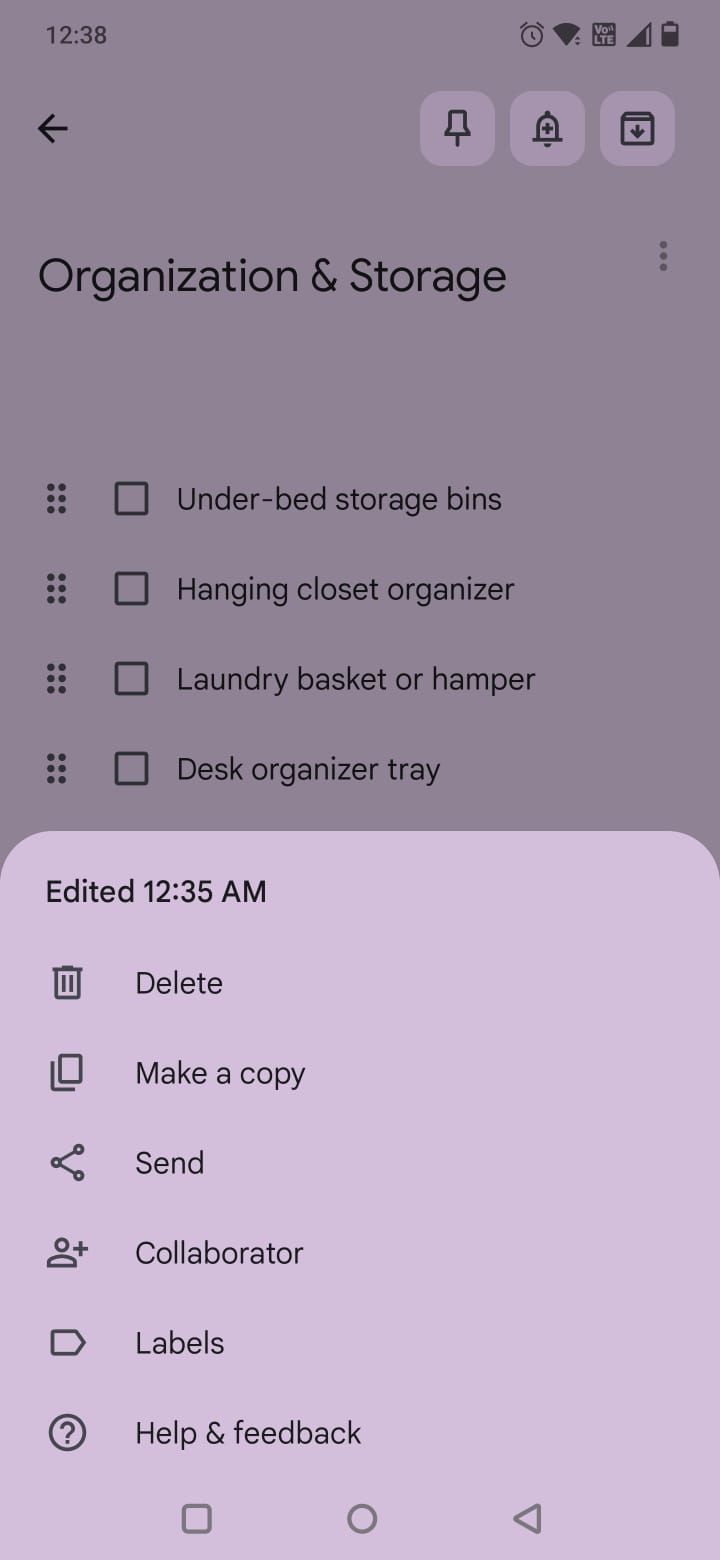 Screenshot of the menu options in Google Keep