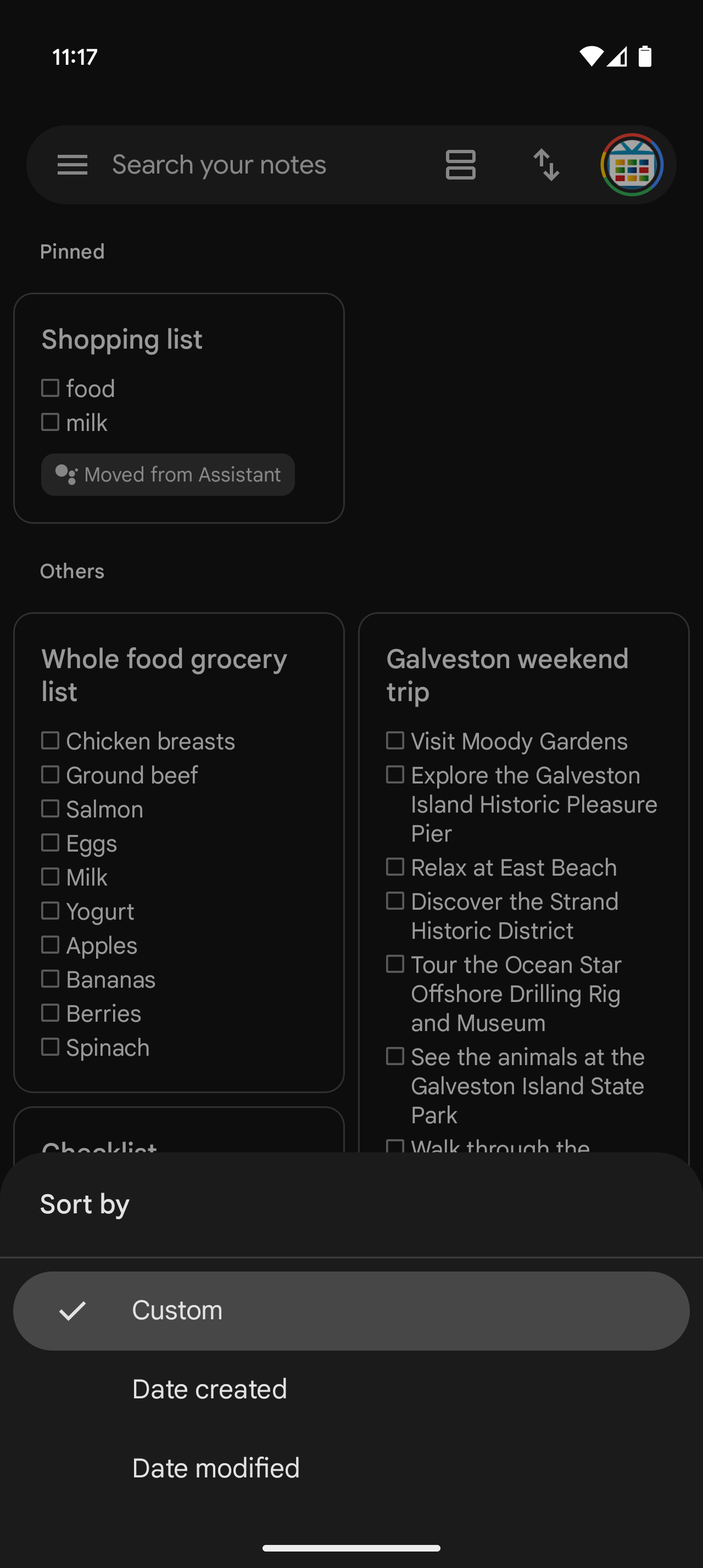 Screenshot of Google Keep showing the new sort options.