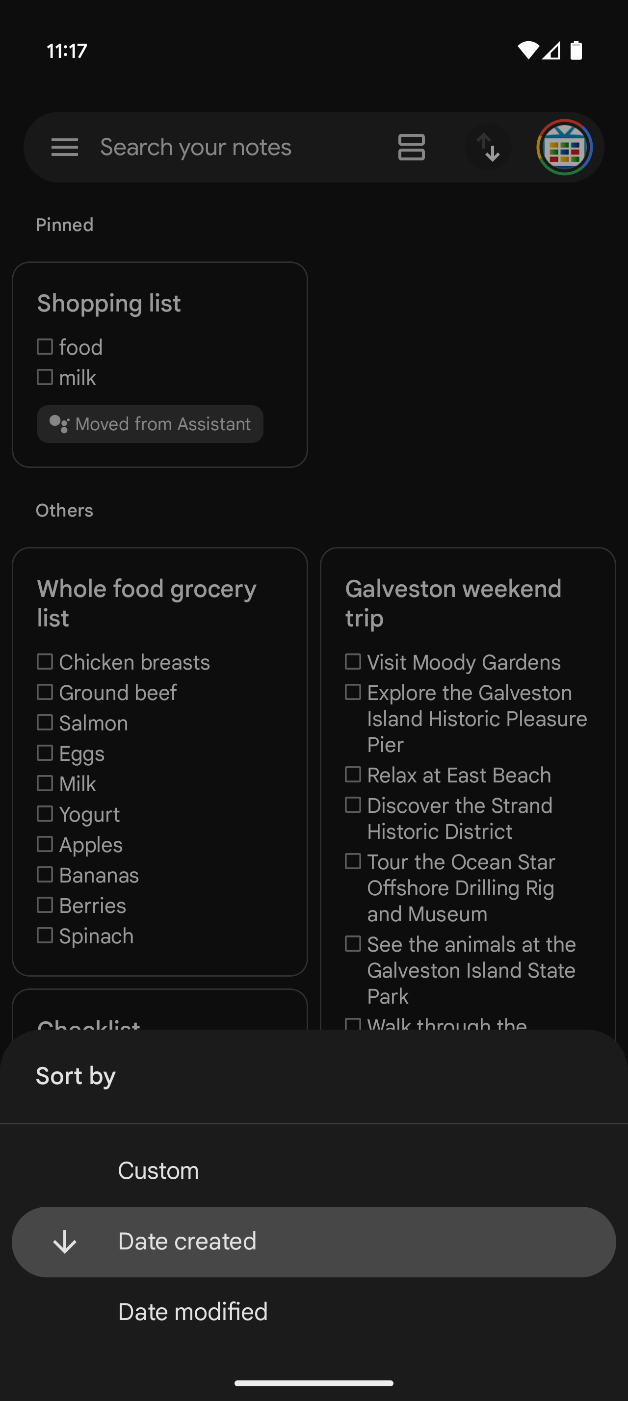 Google Keep screenshot showing the list sorted in descending order.
