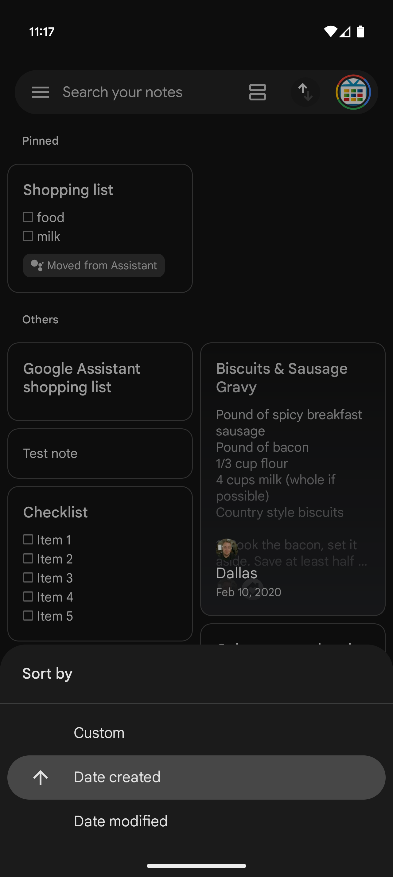 Screenshot of Google Keep showing the list sorted in ascending order.