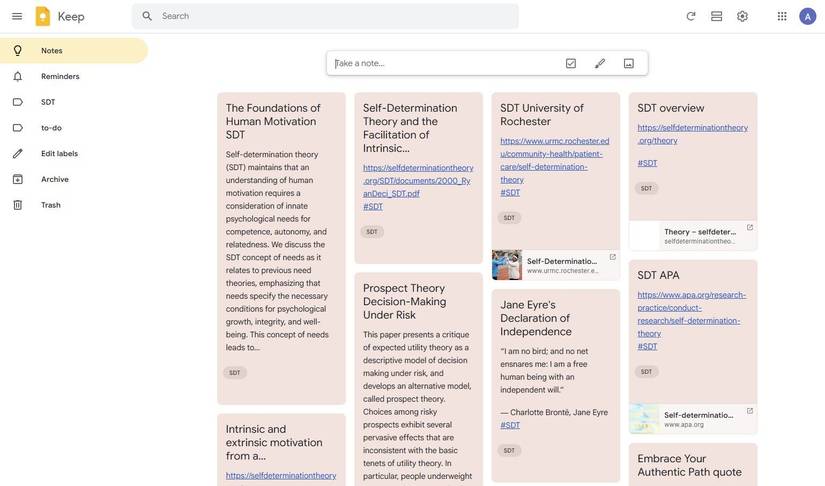 Screenshot showing research notes in Google Keep