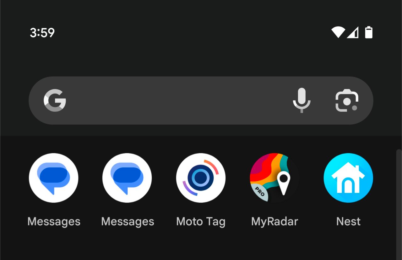 A screenshot of the Google Messages icon appearing twice in the app launcher due to a beta bug.