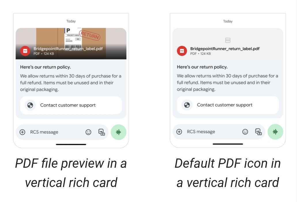 A PDF preview and PDF icon, respectively, in a Google Messages RCS chat.