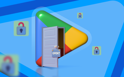 Google Play Store logo illustrated with a door opening in the center, showing a sign that says 'OPEN', surrounded by floating unlocked padlock icons.