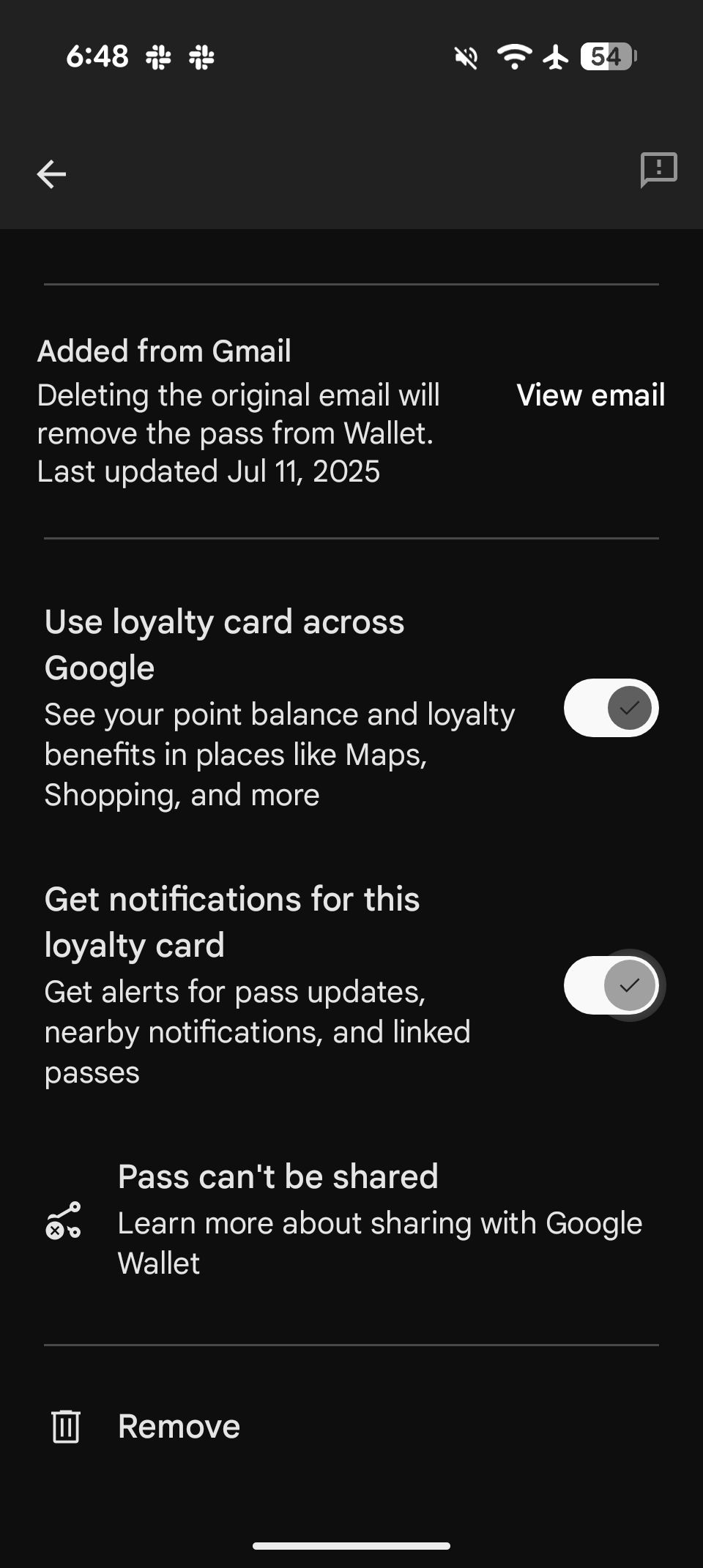 Google Wallet with option to "Get notified for this card" toggle enabled
