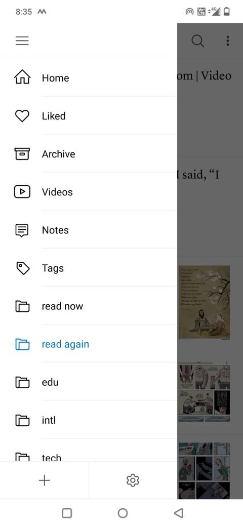 Screenshot of the Instapaper menu