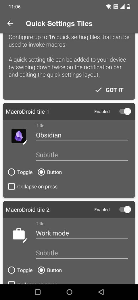 Captura de tela com opções de ajuste para ladrilhos de configurações rápidas no macrodroid