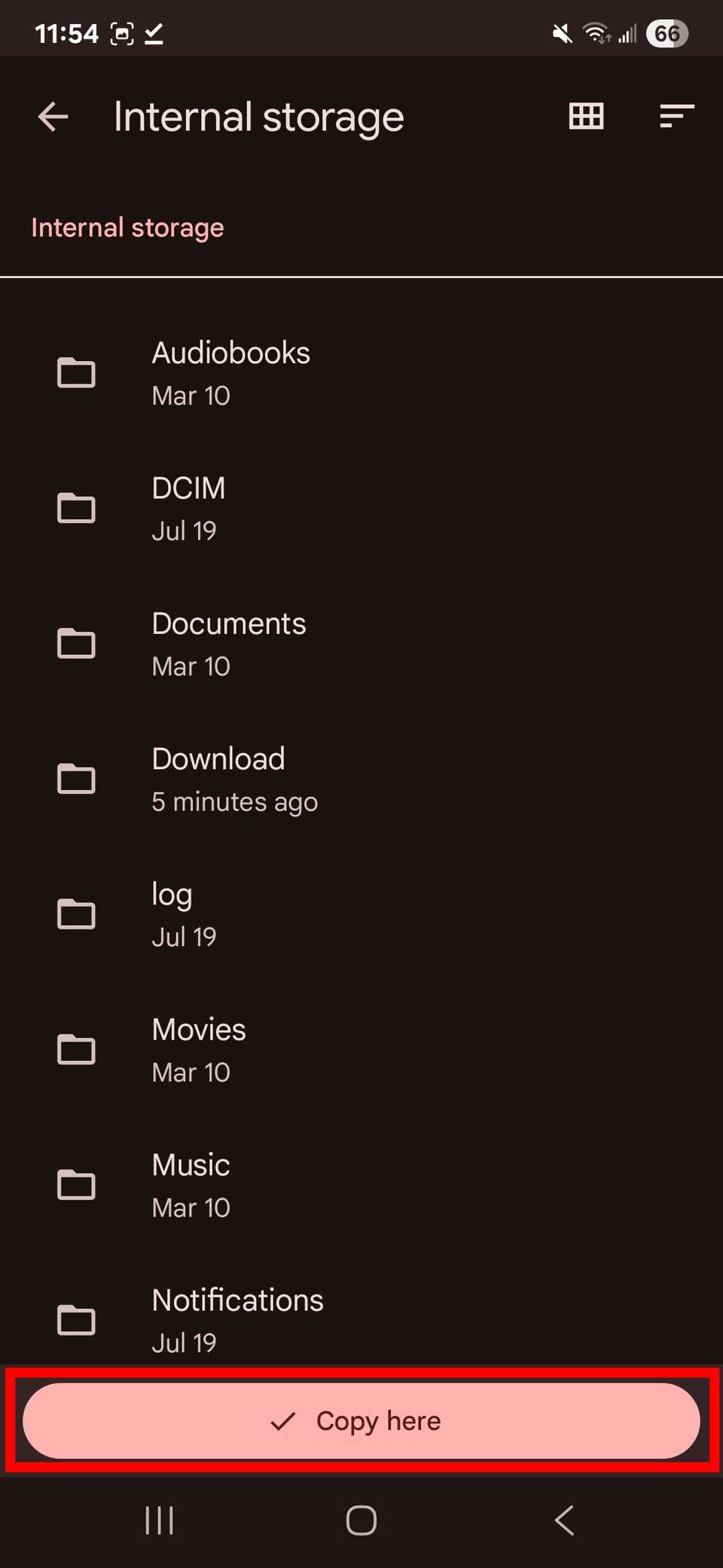 Red rectangle outline over Copy here in Internal storage in Google Files app