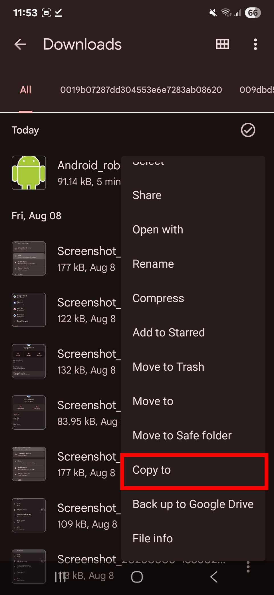 Red rectangle outline over Copy to in Downloads on Google Files app