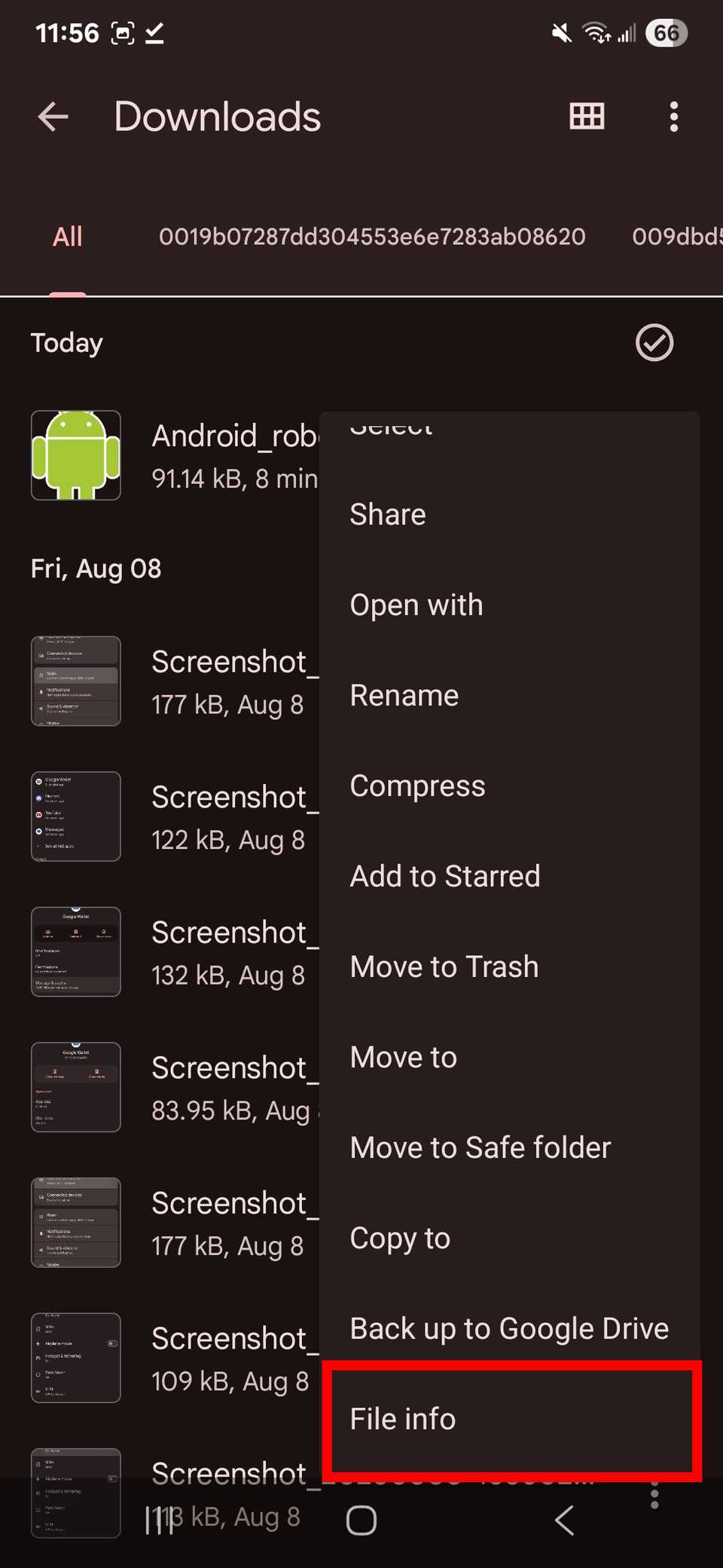 Red rectangle outline highlighting File info next to a file in Downloads on Google Files app