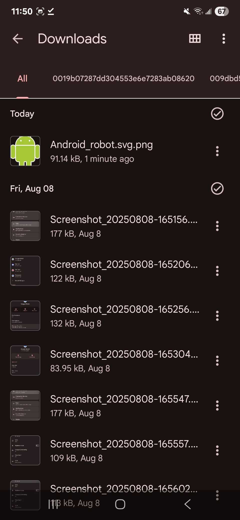 A list of downloaded files in the Downloads tab inside the Google Files app