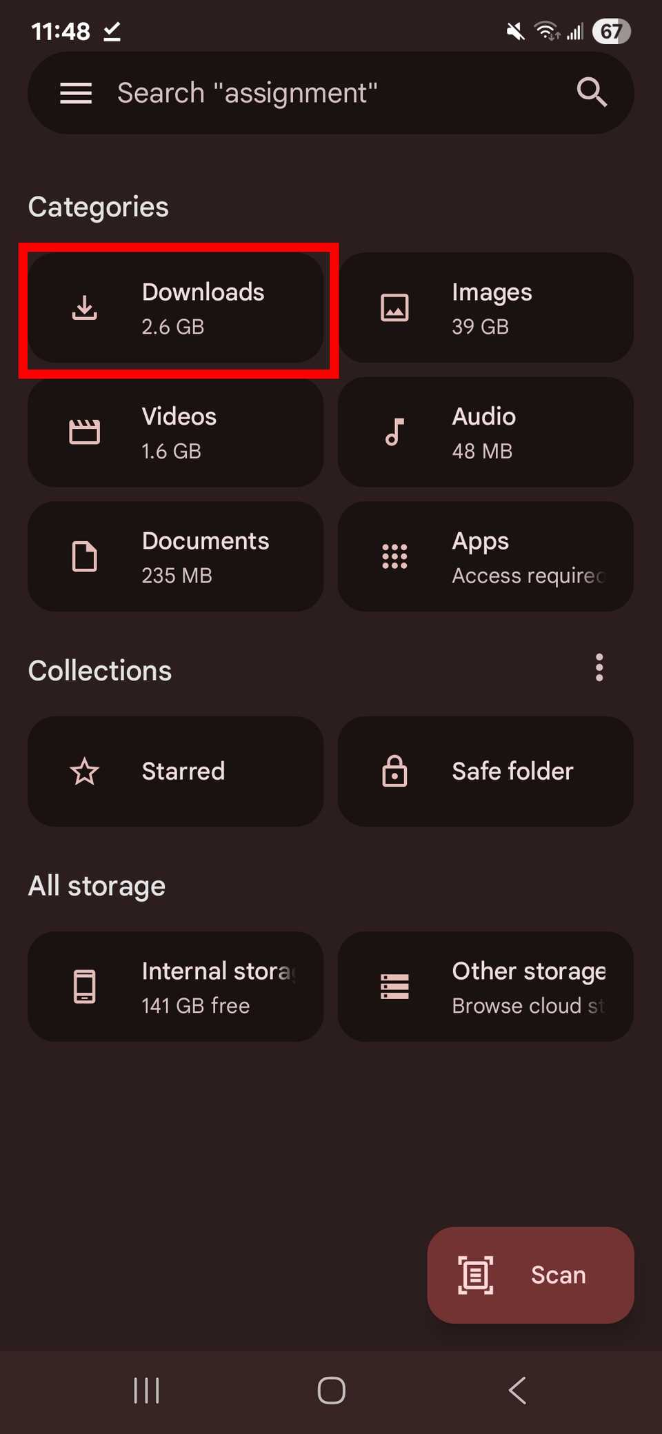 Selecting Downloads in Google Files app under 'Categories'
