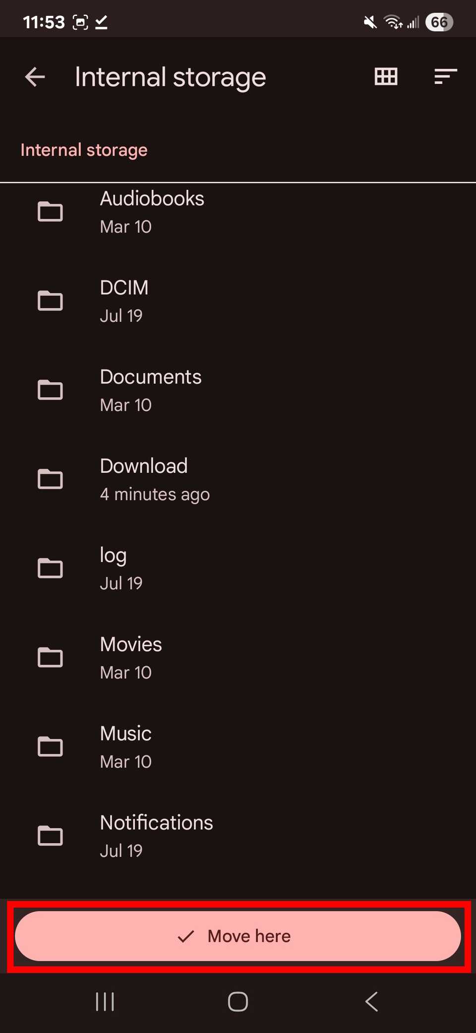 Red rectangle outline highlighting Move here in Internal storage