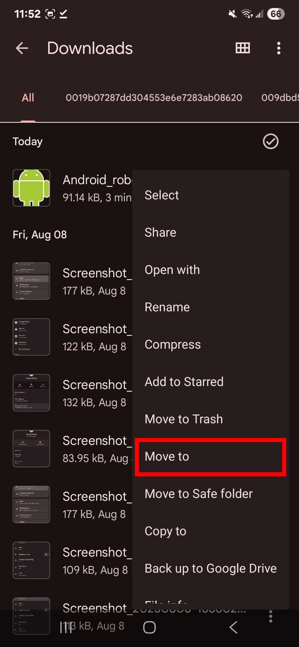 Red rectangle outline highlighting Move to in the overflow menu next to a downloaded file in Google Files app