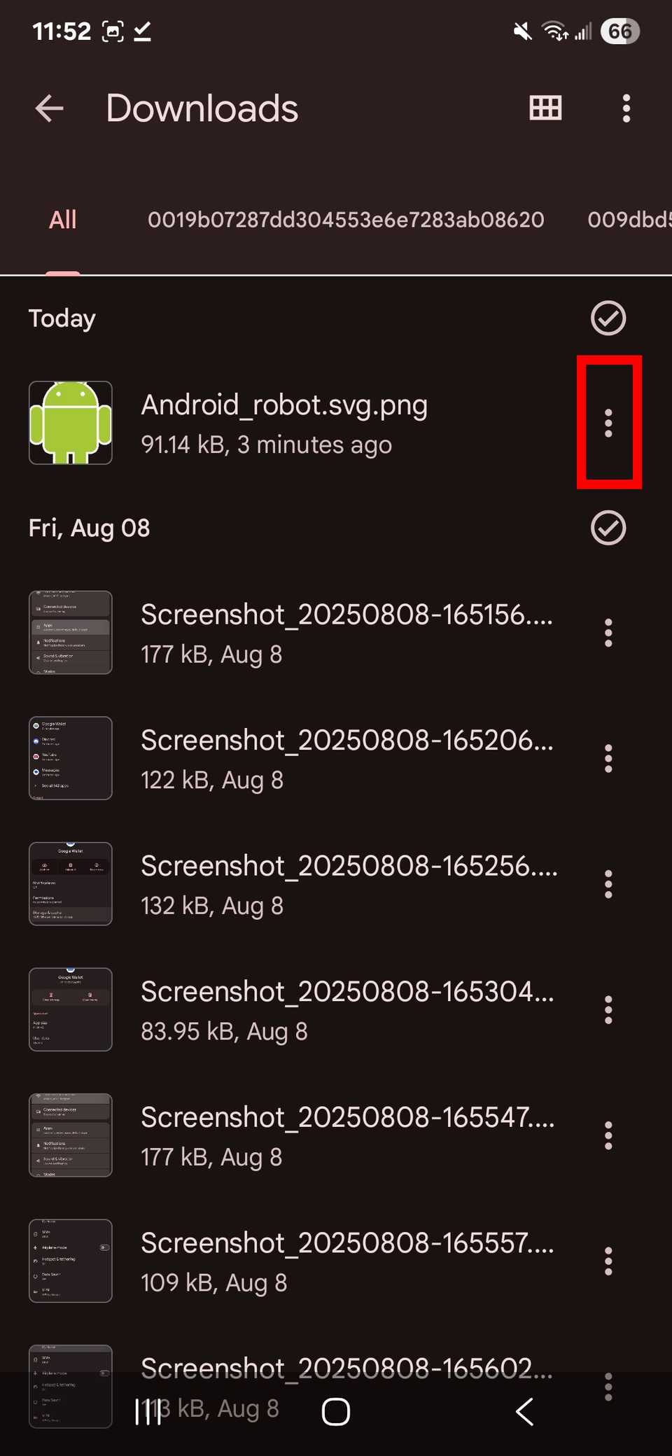 Red rectangle outline highlighting overflow menu icon in Downloads on Google Files app